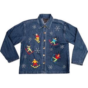 NEW Directions Denim Embroidered Ice Skating Shacket Jacket Womens Medium Winter